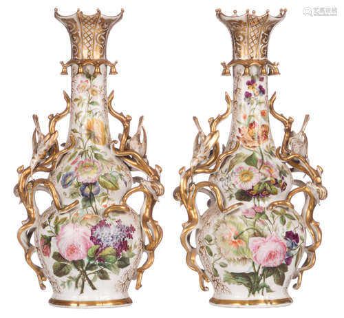 Two late 19thC vases, floral polychrome and gilt decorated, H 47 cm