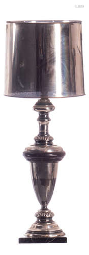 A decorative lamp, nickel plated and polychrome painted, on a grey marble base, H 108 cm