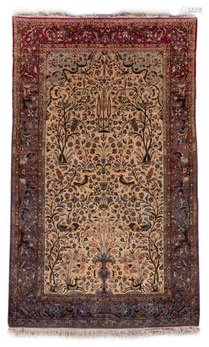 An Oriental silk rug, floral decorated with animals, Keshan, 19thC, 131 x 210 cm