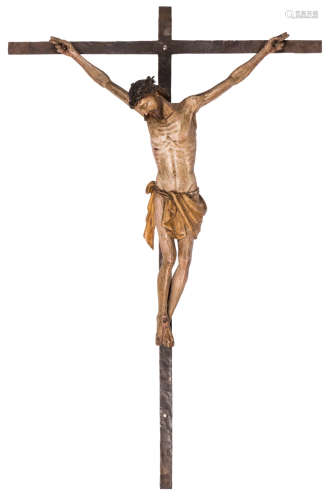 A polychrome corpus on a wrought iron crucifix, H 47 (corpus) - 74,5 cm (crucifix)