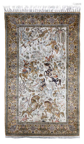 An Oriental rug decorated with a hunting scene, wool on cotton, 104 x 170 cm