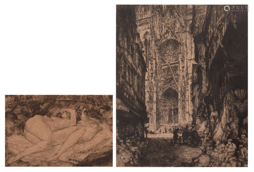 Denoyer de Segonzac A.A., 'Les demoiselles de la Marne', etching and drypoint etching, 28,2 x 41,7 cm; added De Bruycker J., 'Cathédrale de Rouen - France', etching, 33/125, dated 1930, 49,5 x 60,5 cm