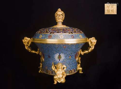 Qianlong Mark, Chinese Gilt Bronze Cloisonne Censer with Lid