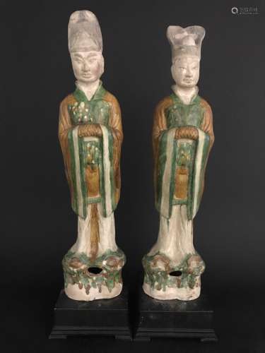 Pair of Chinese Ceramic Sancai Figure Sculptures