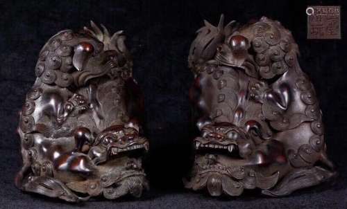 Pair of Chinese Bonze lion censers