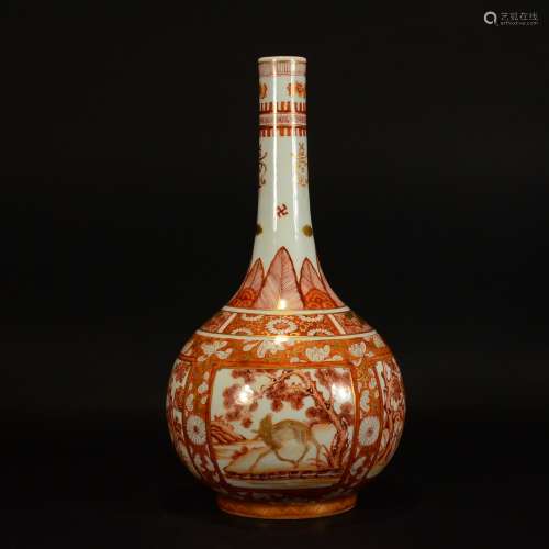 Kangxi Mark, Chinese Gilt Red Glaze Vase