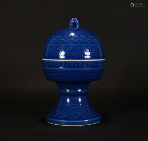 Jiaqing Mark, Chinese Blue Glaze Vessel and Cover