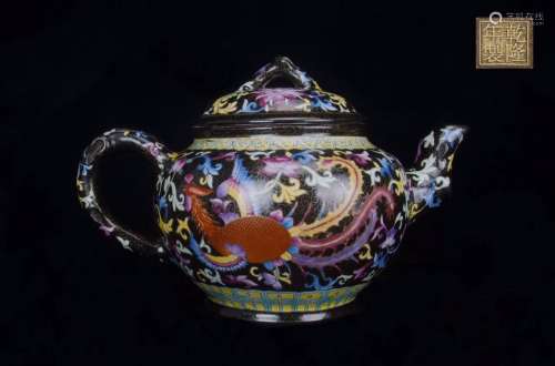 Qianlong Mark, Chinese Zisha Enamel Dragon and Phoenix Teapot