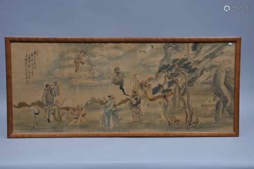Handscroll. China. Early 20th century. Ink and colours on silk. Scene of the Immortals. Framed and glazed. 38