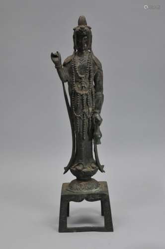 Bronze Buddhist image. China. 19th to early 20th century. Standing image of Maitreya. Early but spurious inscription on the front. 22