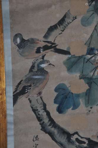 Pair of paintings. China. Early 20th century. Ink and colours on paper. Birds and flowers. Framed and glazed. 46-1/2