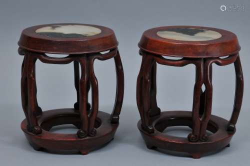 Pair of hardwood stools. China. 19th century. Barrel shaped.  7-1/2