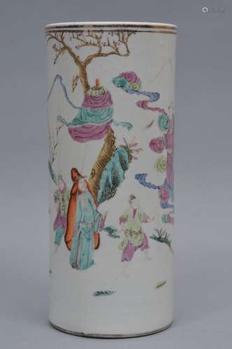 Porcelain vase. China. Early 20th century. Cylindrical form. Famille Rose decoration of the Immortals. 11-1/4