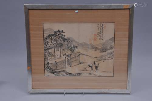 Album leaf. China. 18th/19th century. Ink on paper. Scholar and attendant riding into a rustic pavilion. 13-1/2