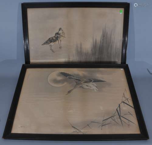 Pair of large Chinese watercolor paintings depicting birds in landscapes. Sight size: 28