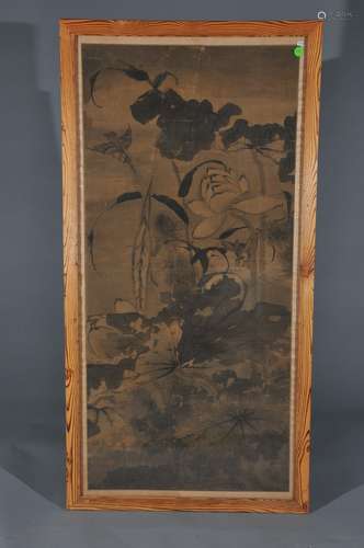 Scroll painting, China 19th century. Ink on paper. Scene of kingfishers and lotus plants. 39-1/2