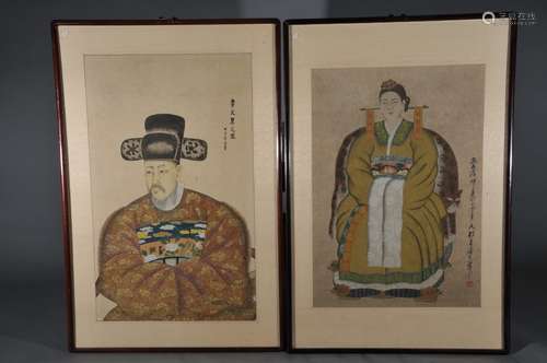 Pair of paintings. Korea. Circa 1900. Ink and colours on paper. A court official and his consort. 18