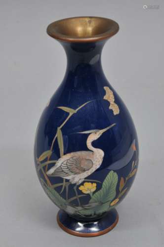 Cloisonné vase. Japan. Meiji period (1868-1912). Pear shaped with a flaring mouth and foot. Deep cobalt blue ground with an egret and aquatic plants. 7-1/2