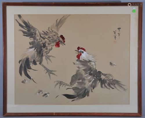 19th century Asian watercolor painting of Roosters. Signed. Sight size: 21-1/2