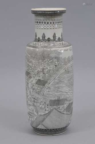 Porcelain vase. China. Early 20th century. Roleau form. Grisaille decoration of the spring festival at Kai Feng. Hsien Feng mark on the base. 13-1/2