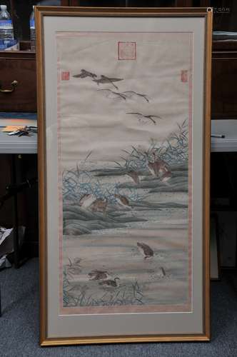 Scroll painting. China. Possibly 18th century. Ink and colours on paper. 16 geese by a pond with autumn grasses.  39