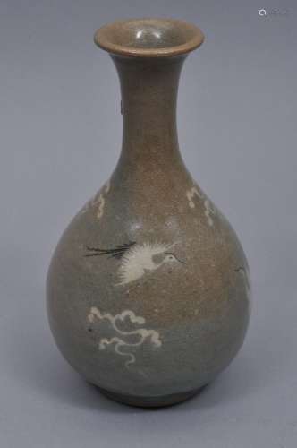 Stoneware vase. Japan. 19th century. Mishima ware. Decoration of cranes and clouds on a celadon ground. 8