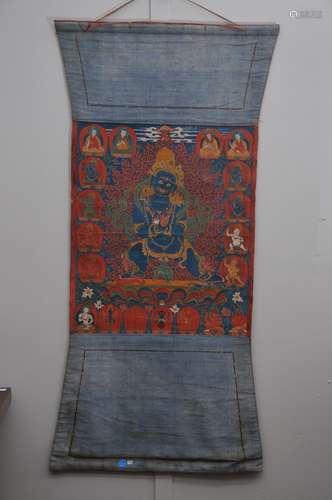 Buddhist Thangka. Tibet. Early 20th century. Mineral pigments on heavy cloth. Scene of Yama with lineage figures. 21-1/2