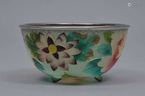 Enamel bowl. Japan. Early 20th century. Plique a jour work with a design of flowers. 3-3/4
