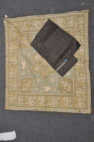 2 textiles, early 20th century, to include a Turkish embroidery , pale green ground embroidered in pink, yellow, and gold, 46