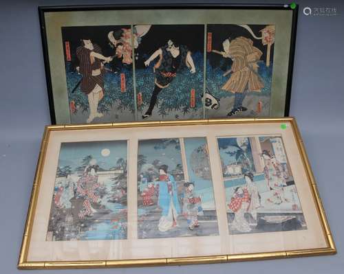 Two 19th century Japanese framed Triptych woodblock prints. One with three images measuring 13