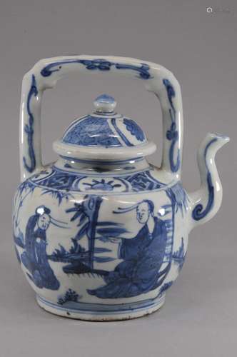 Porcelain wine pot. Ming style. Possibly late 19th century. Underglaze blue decoration of scholars in garden. 8-1/4