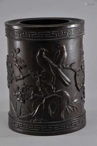 Carved hardwood brush pot. China. 19th century. Carved in relief with birds and flowering trees. Thunder meander borders. 4-1/2