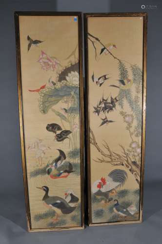 Pair of paintings. China. Early 20th century. Ink and colours on paper. Birds and flowers. Framed and glazed. 60-1/2