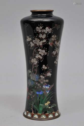 Cloisonné vase. Japan. Meiji period (1868-1912). Waisted Roleau form. Silver wire work with a decoration of birds and flowers on a black ground. 7-1/4
