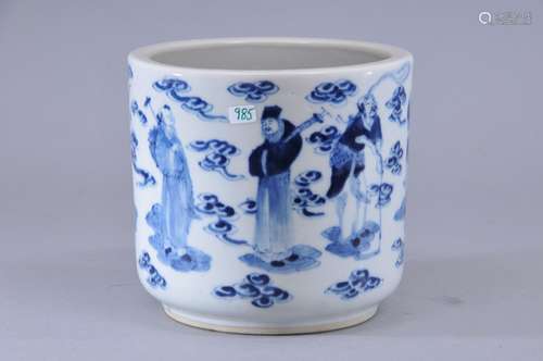 Porcelain censer. China. 19th century. Cylindrical form. Underglaze blue decoration of the immortal and clouds. Four character hall mark on the base. 5-1/4