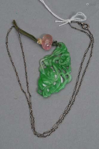 Jade pendant. China. 19th century. Highly translucent bright green colour. Strung with seed pearls and tourmaline beads. 2