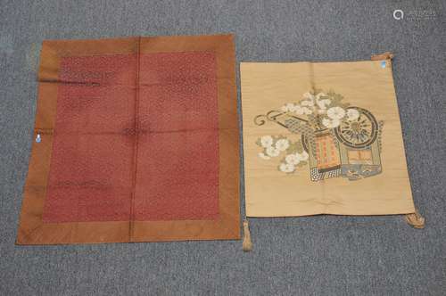 2 brocade panels it include a 20th century Japanese textile with a cart design, and a 19th century Chinese panel with silver flowers on a red ground.