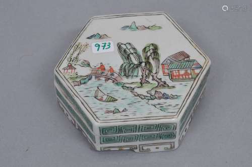 Porcelain covered box. China. 19th century. Hexagonal form. Famille Verte decoration of a landscape. 3