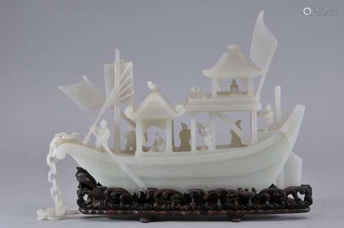 Jade carving. China. 19th century. Pale white-green jade. Pleasure boat with a chain and anchor. 10-1/2