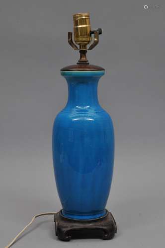 Porcelain vase. China. Early 20th century. Turquoise glaze. Drilled and mounted as lamp. 11-1/2