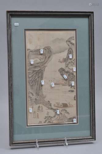 Painting. China. 19th century. Ink and slight colours on silk. A landscape with figures and topographical inscriptions. 11-1/2