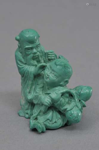 Turquoise carving, China 20th century. Figure of Shao Lao with a child holding a branch of peaches. 2