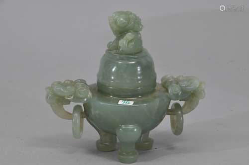 Hardstone censer. China. 20th century. Grey green bowenite. Foo dog handles and finial. 5