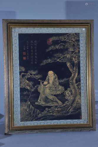 Painting. China. Early 20th century. Gold on indigo paper. Scene of two Luohans beneath pine trees. 22-1/2