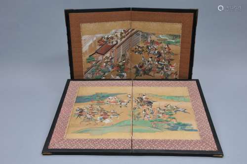 Pair of table screens. Japan. Early 20th century. Ink colours and gilt on paper. Scenes of warriors. 16-1/2