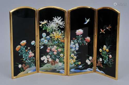 Miniature screen. Japan. 20th century. Standard Cloisonné decoration of flowers on a black ground. Gilt frame. Silver reverse engraved with Fuji. 7-1/4