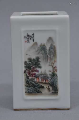 Porcelain brush pot. China. 20th century. Square form with Famille Rose reserves of landscapes. 2-1/2