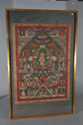 Tangkha. Tibet. 18th century. Mineral pigments on heavy cloth. Tara with lineage figures. 23-1/2