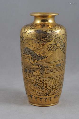Damascene vase. Japan. Meiji period (1868-1912). Komai work of gold inlaid iron. Decoration of peacocks and pavilions in reserves on a floral ground. Torii mark on the base. 3
