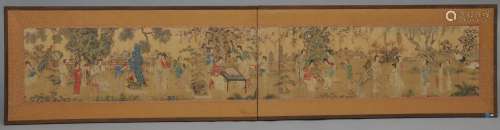 Handscroll. China. 19th century. Ink and colours on silk. Scene of women in a palace garden. Framed. 77